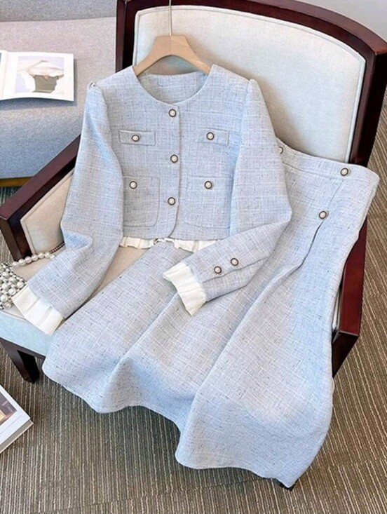 Dresses & Skirts - Women's Round Neck Single-Breasted Elegant Patchwork 2 Pieces Set Fall Cloth